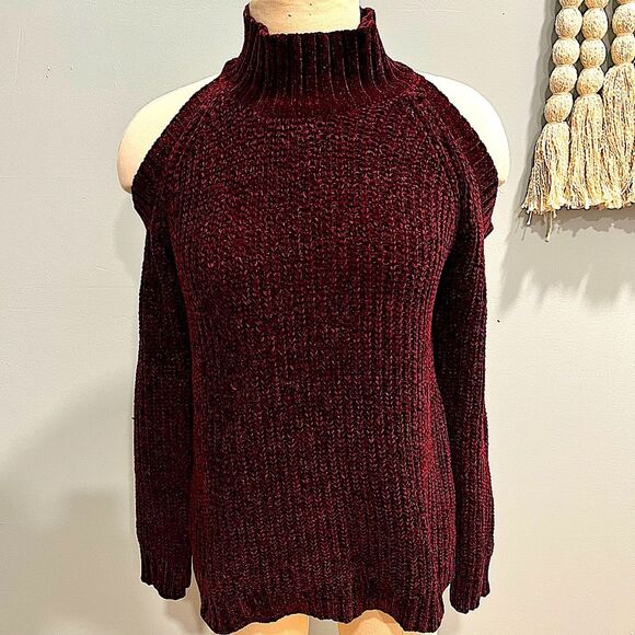 Design Lab Lord & Taylor Burgundy Chunky Knit Cold Shoulder Sweater Size XS - Picture 1 of 7